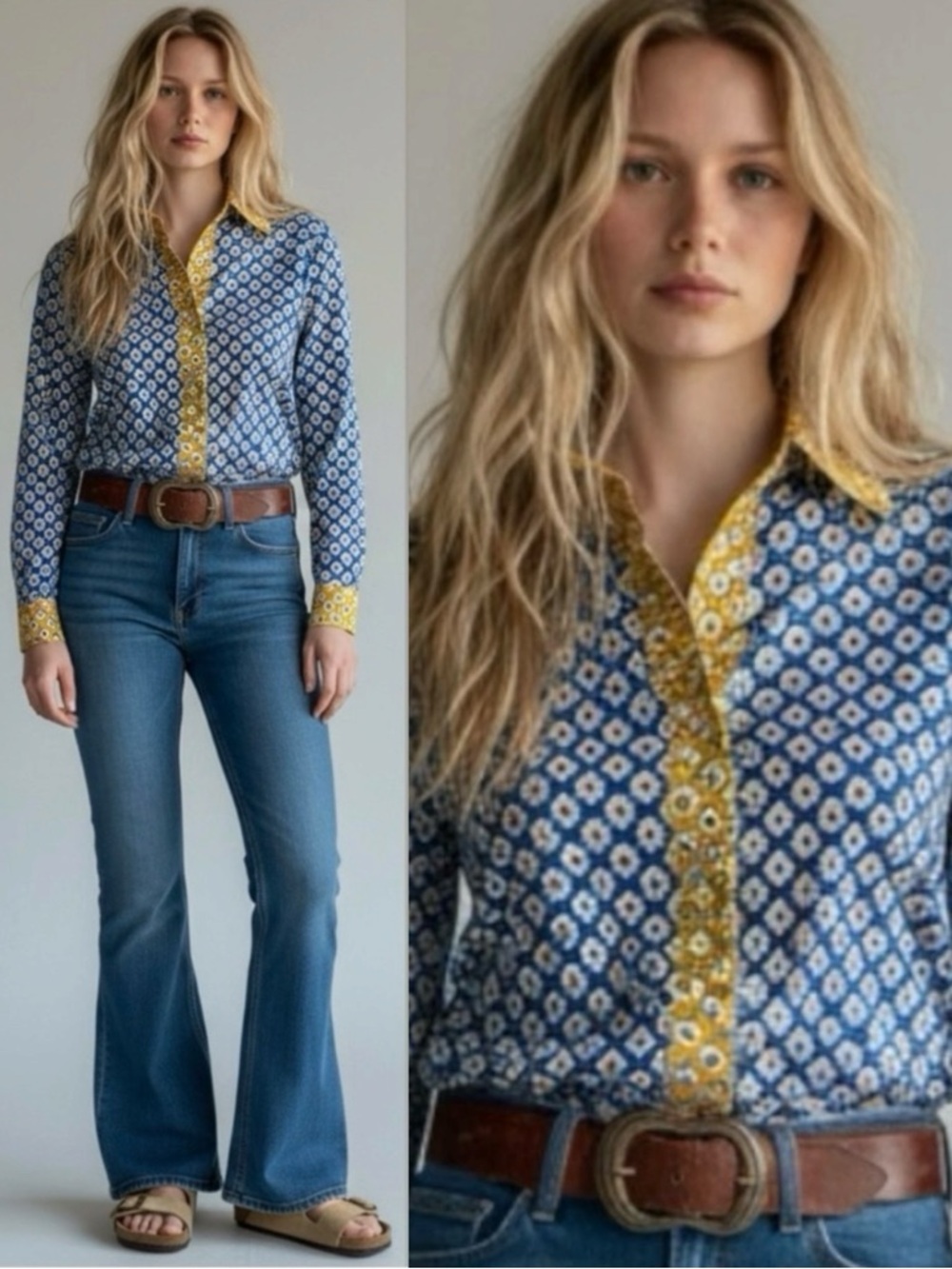 Vintage 70s Toby Tanner Dagger Collar Block Print Button Down Shirt Size 10